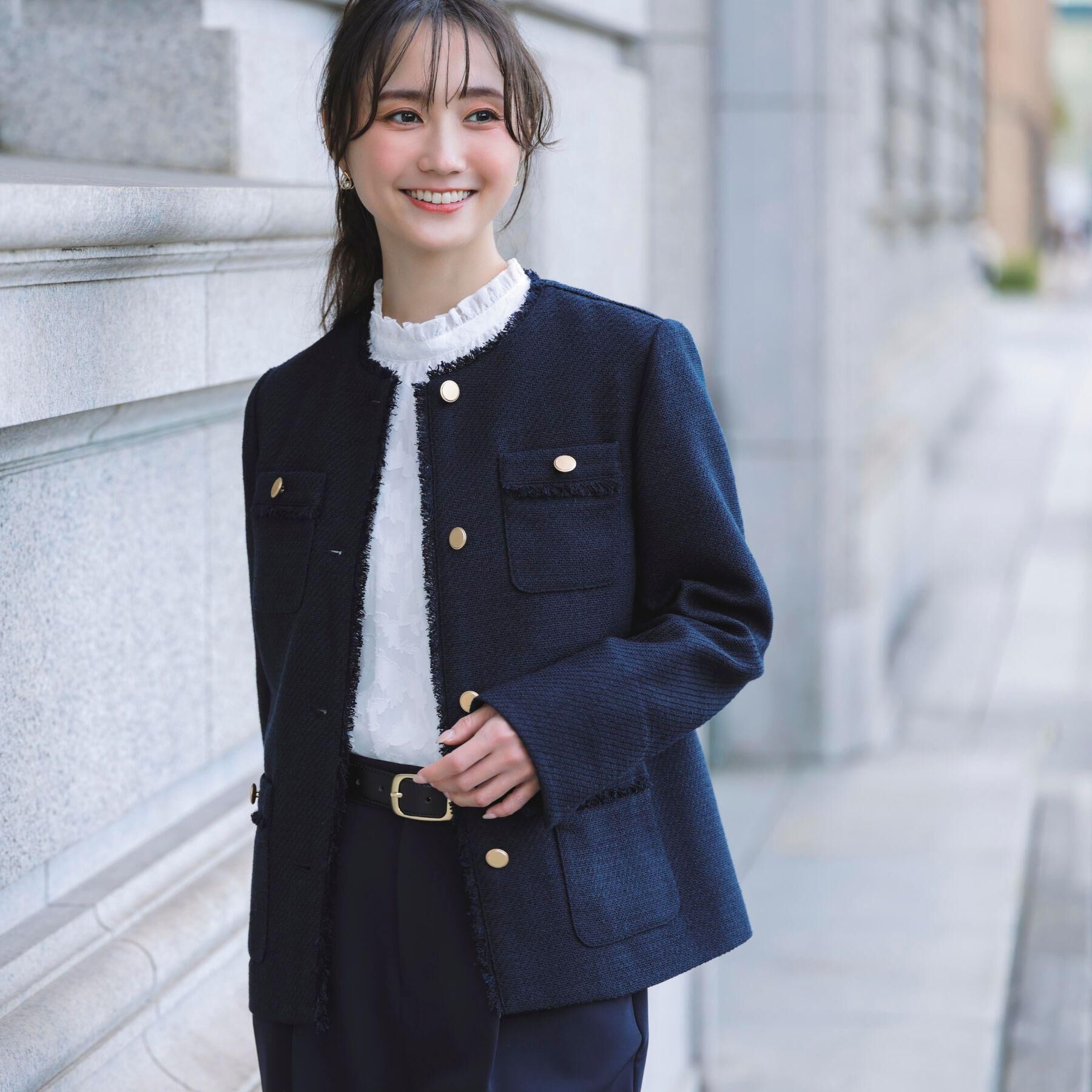 grove「【ハレの日・通勤】きちんとからカジュアルまで着回せる、ミドル丈ツイードジャケット」|ノーカラージャケット|