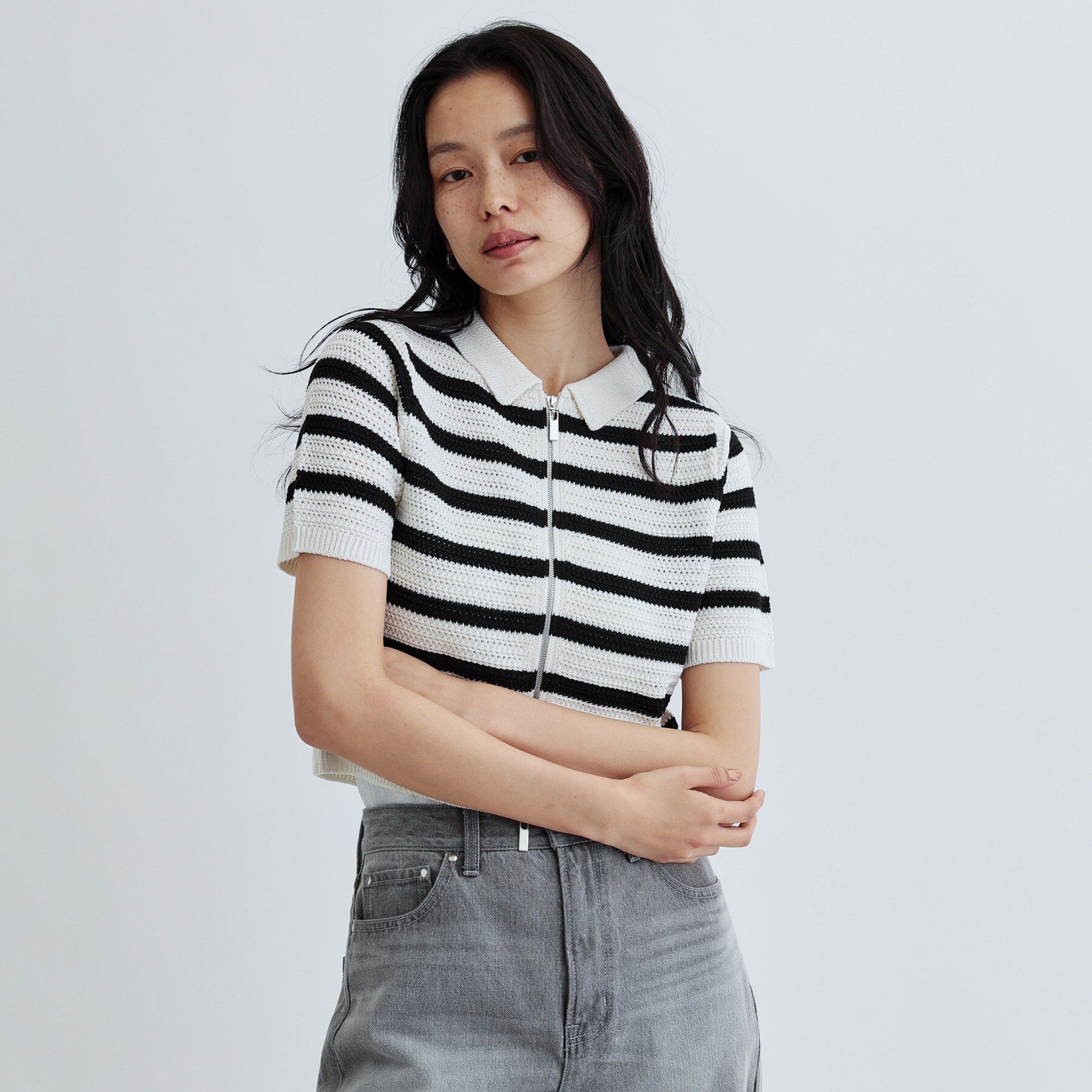 GALLEST「衿付きハーフスリーブボーダーニット」|ニット・セーター|