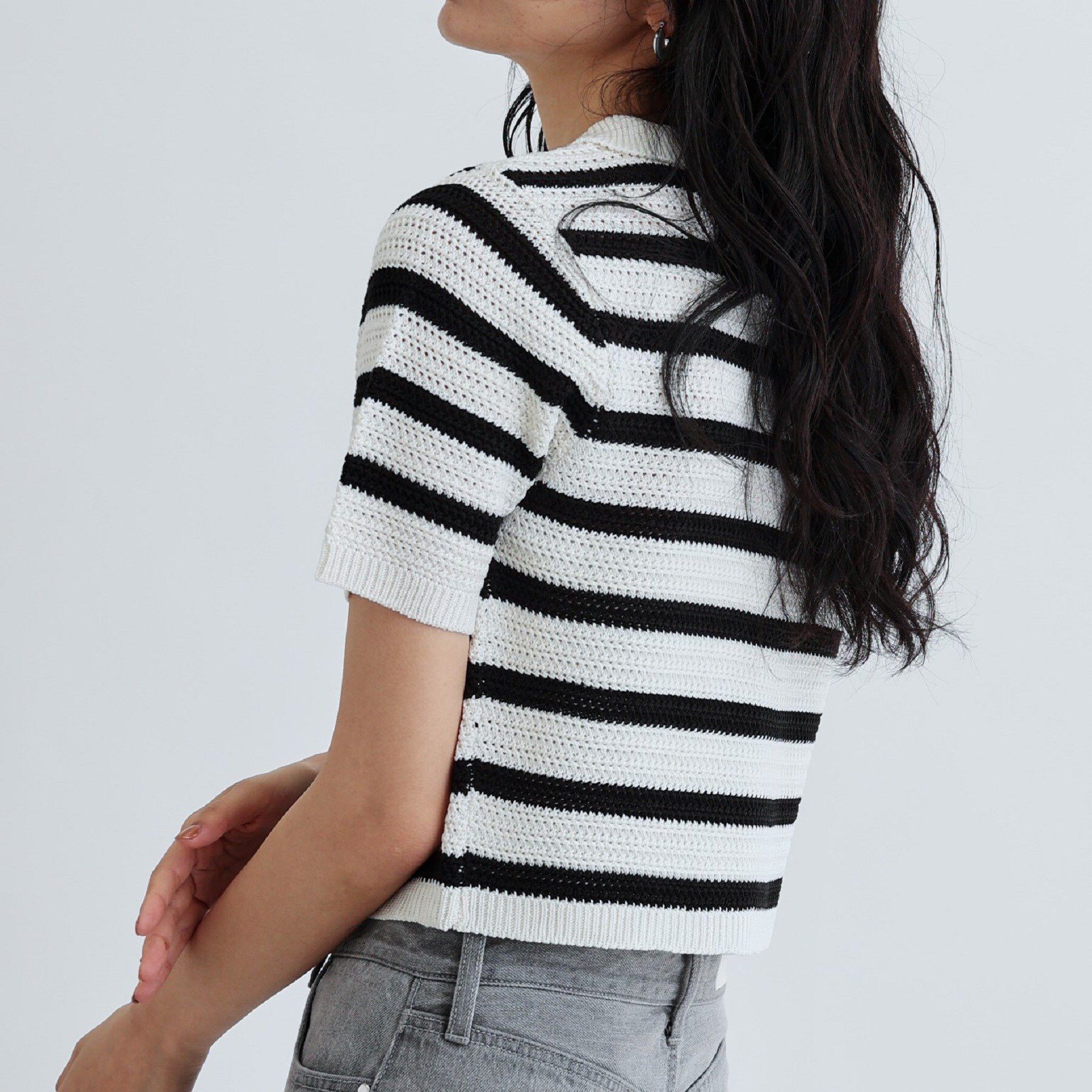 GALLEST「衿付きハーフスリーブボーダーニット」|ニット・セーター|