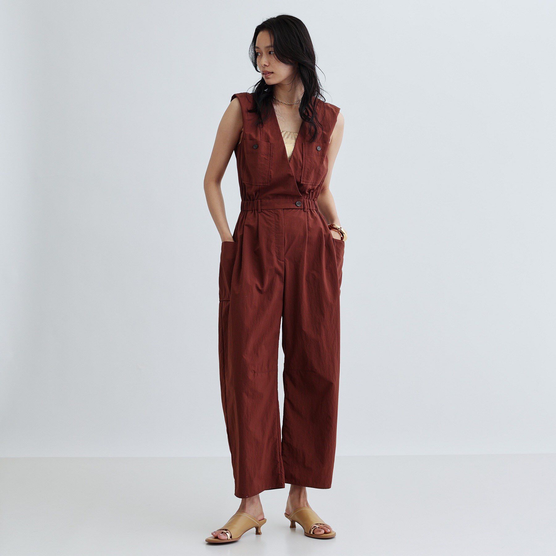 GALLEST「Vネックオーバーオール」|オールインワン|ブラウン(043)