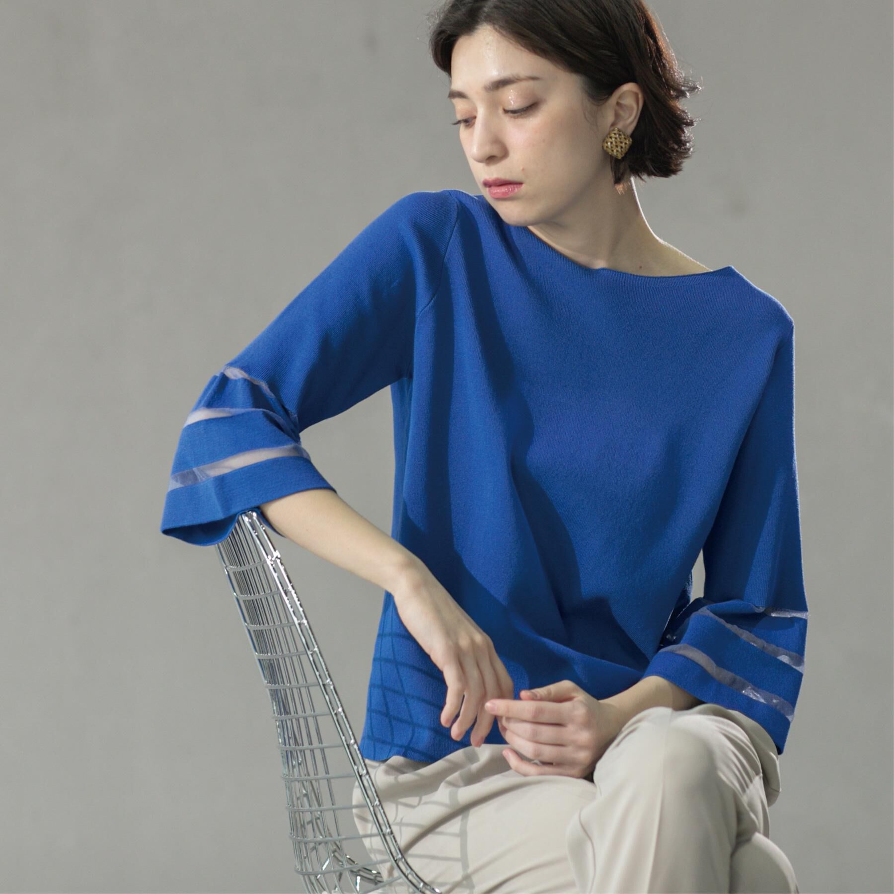 OPAQUE.CLIP「《6色展開》シアーボーダーフレアスリーブニット【洗濯機洗い可】」|ニット・セーター|