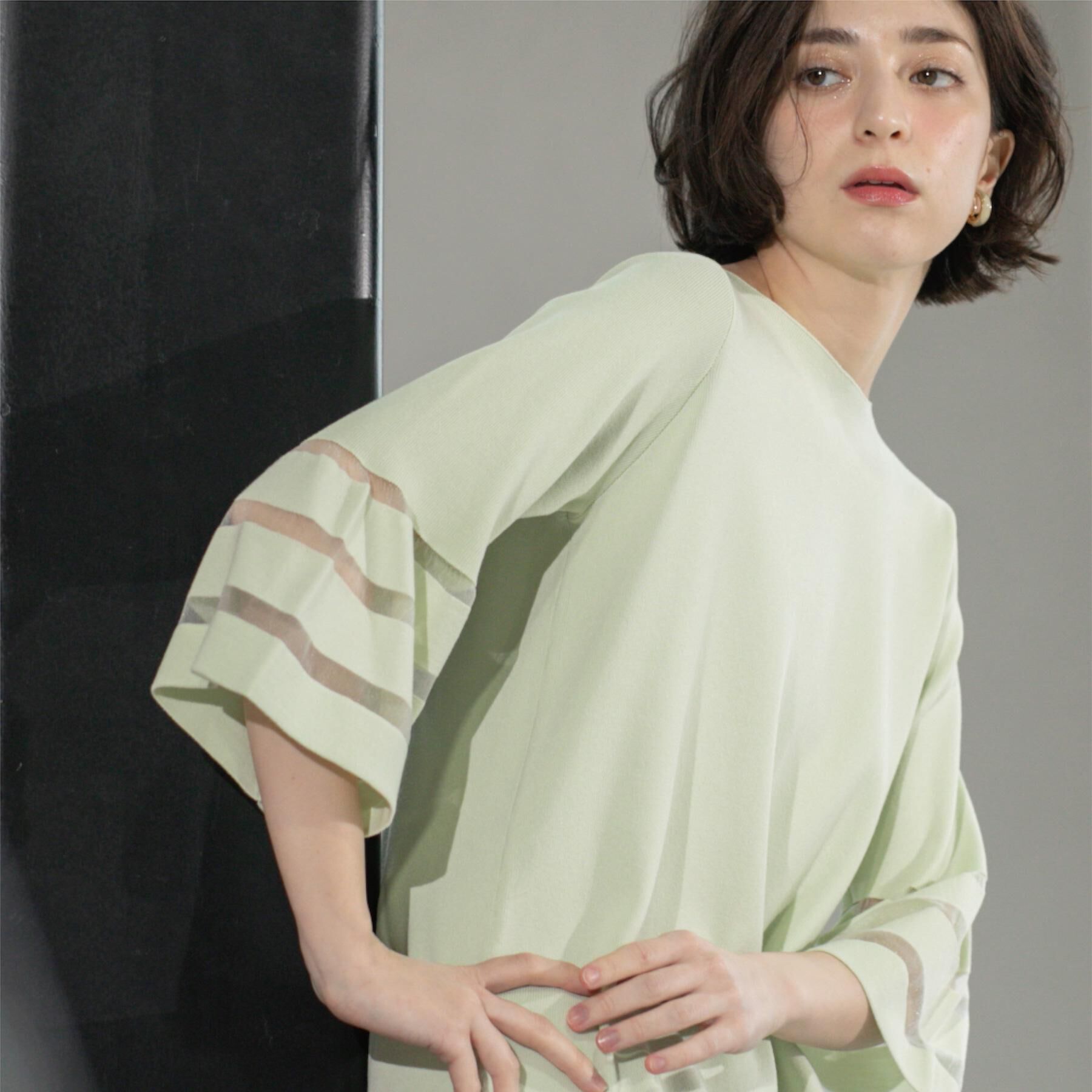 OPAQUE.CLIP「《6色展開》シアーボーダーフレアスリーブニット【洗濯機洗い可】」|ニット・セーター|ライトグリーン(02