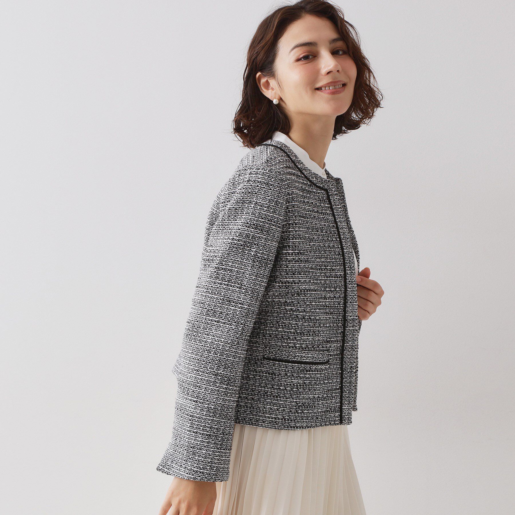OPAQUE.CLIP「≪通勤・セレモニー対応≫ コットンツイードジャケット」|ノーカラージャケット|