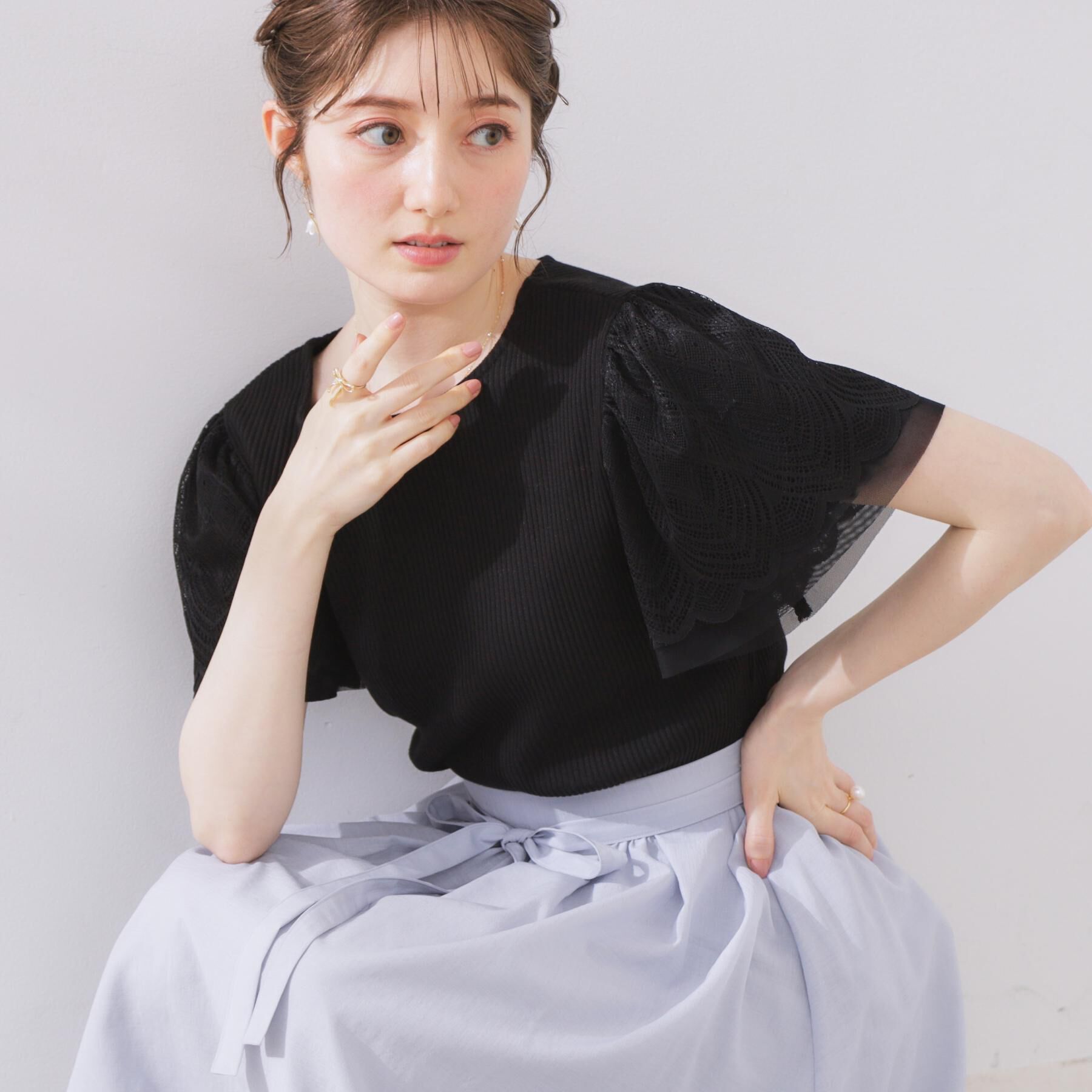 Couture broach「【二の腕カバー・通勤】レース袖テレコトップス」|Tシャツ・カットソー|