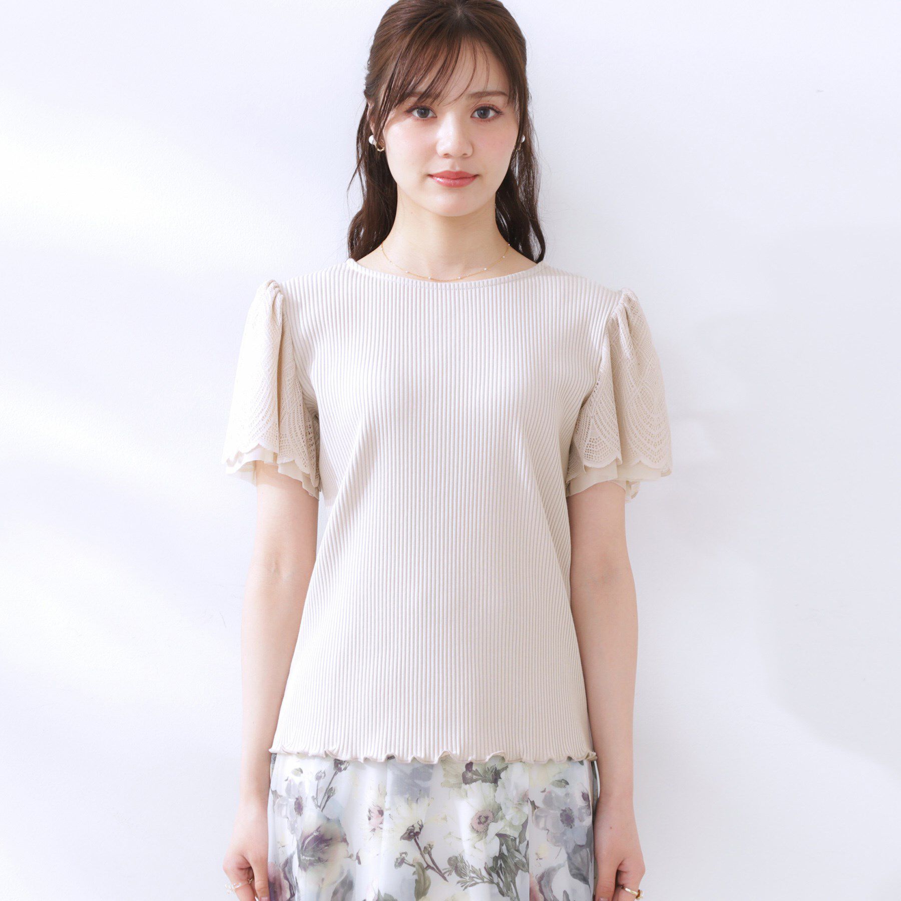 Couture broach「【二の腕カバー・通勤】レース袖テレコトップス」|Tシャツ・カットソー|