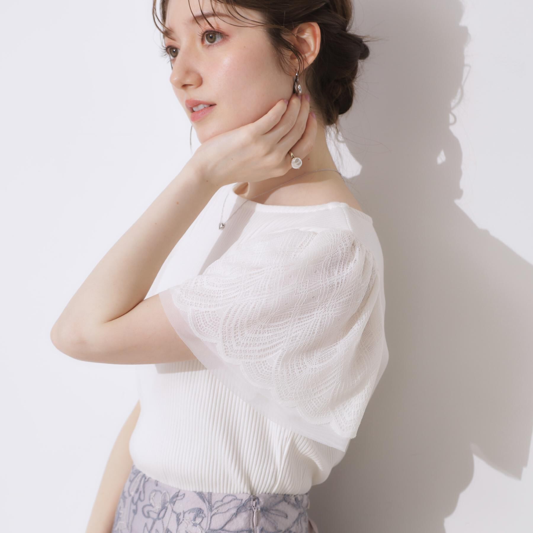 Couture broach「【二の腕カバー・通勤】レース袖テレコトップス」|Tシャツ・カットソー|