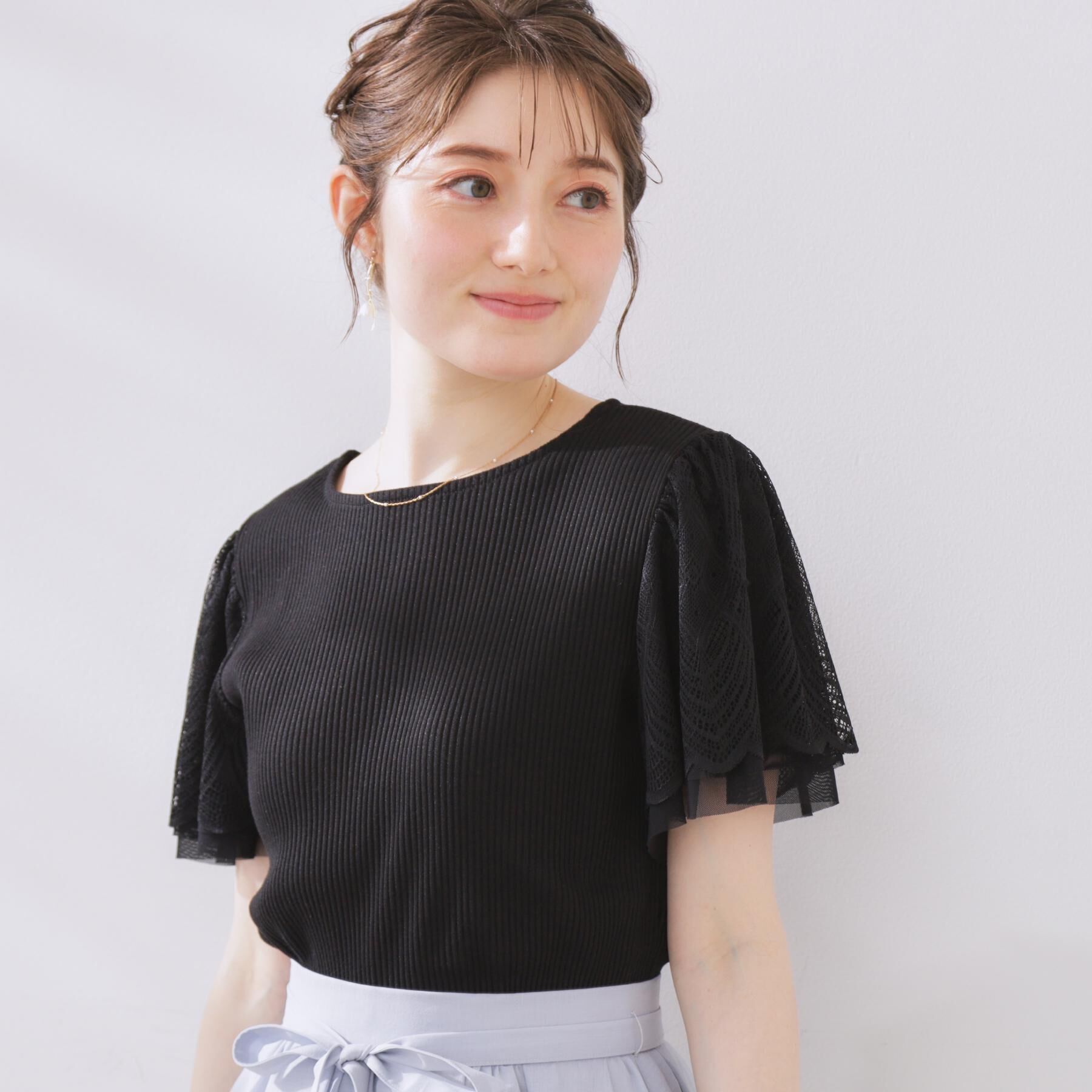 Couture broach「【二の腕カバー・通勤】レース袖テレコトップス」|Tシャツ・カットソー|ブラック(019)