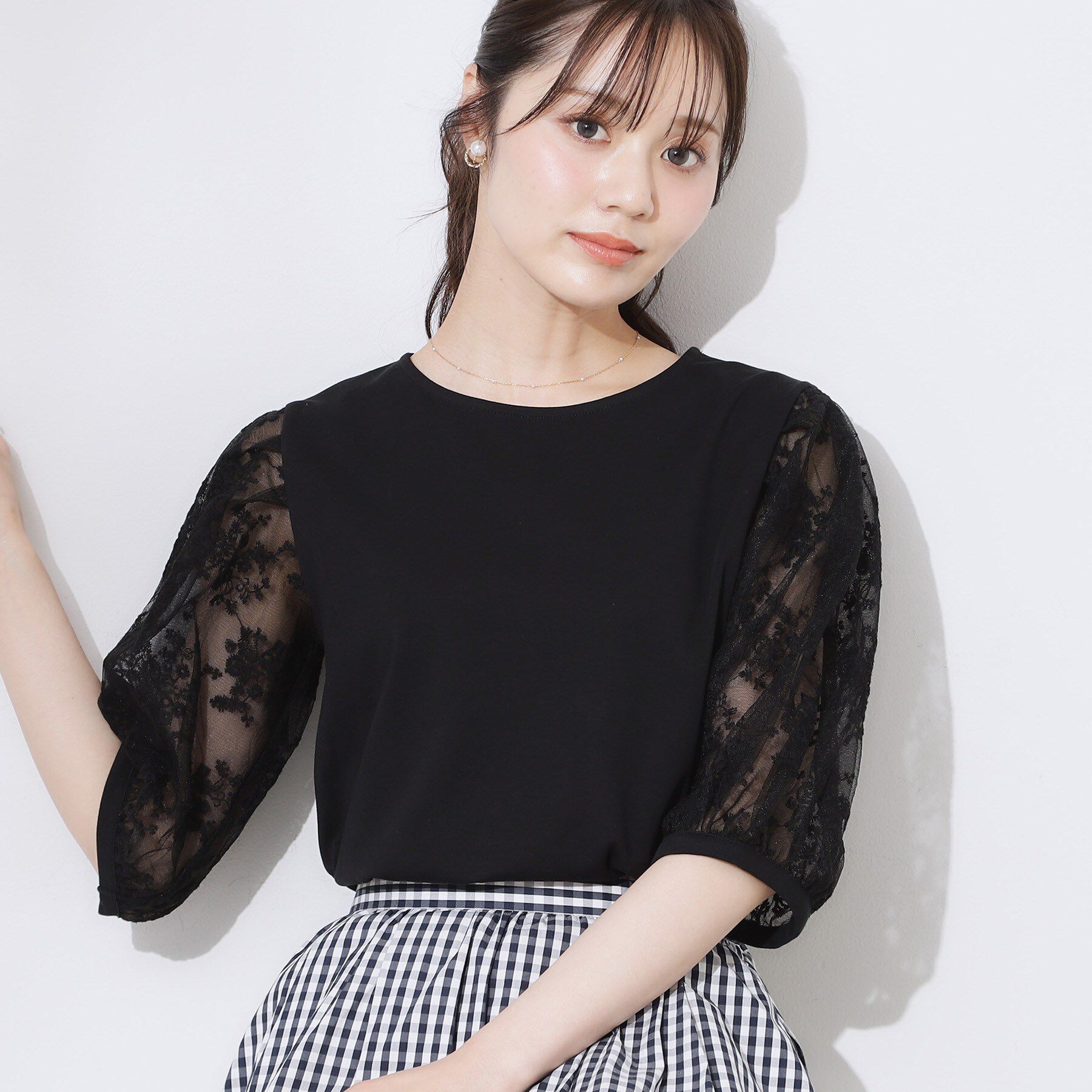 Couture broach「【接触冷感・UV・マシンウォッシャブル】袖レースデザイントップス」|Tシャツ・カットソー|