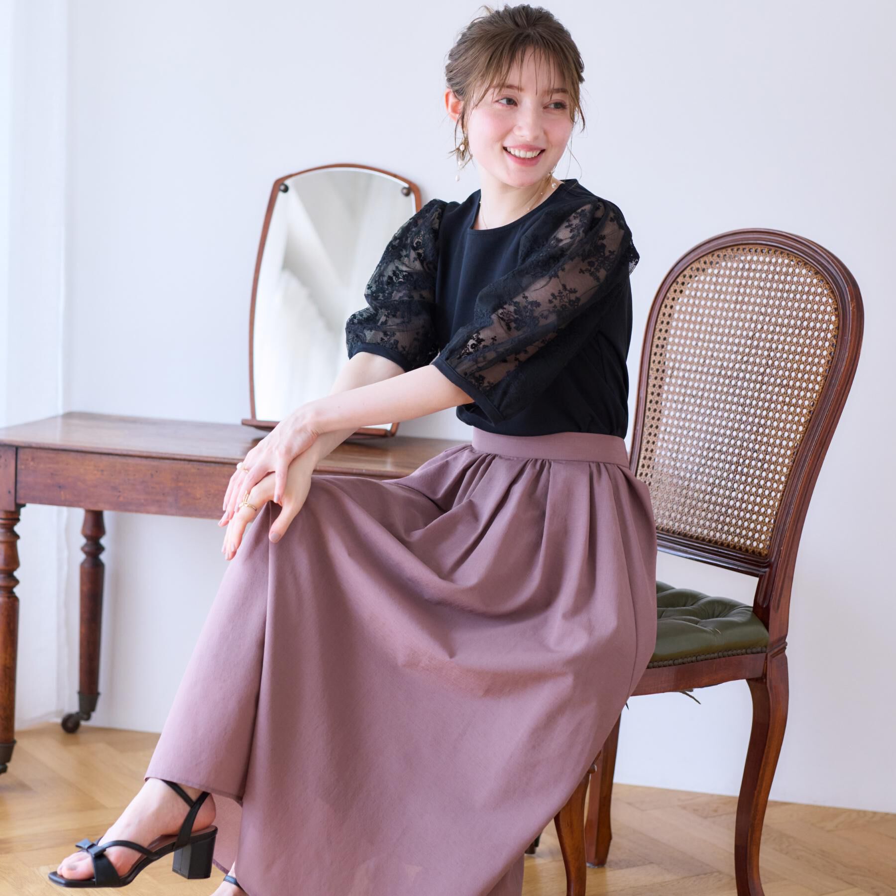 Couture broach「【接触冷感・UV・マシンウォッシャブル】袖レースデザイントップス」|Tシャツ・カットソー|