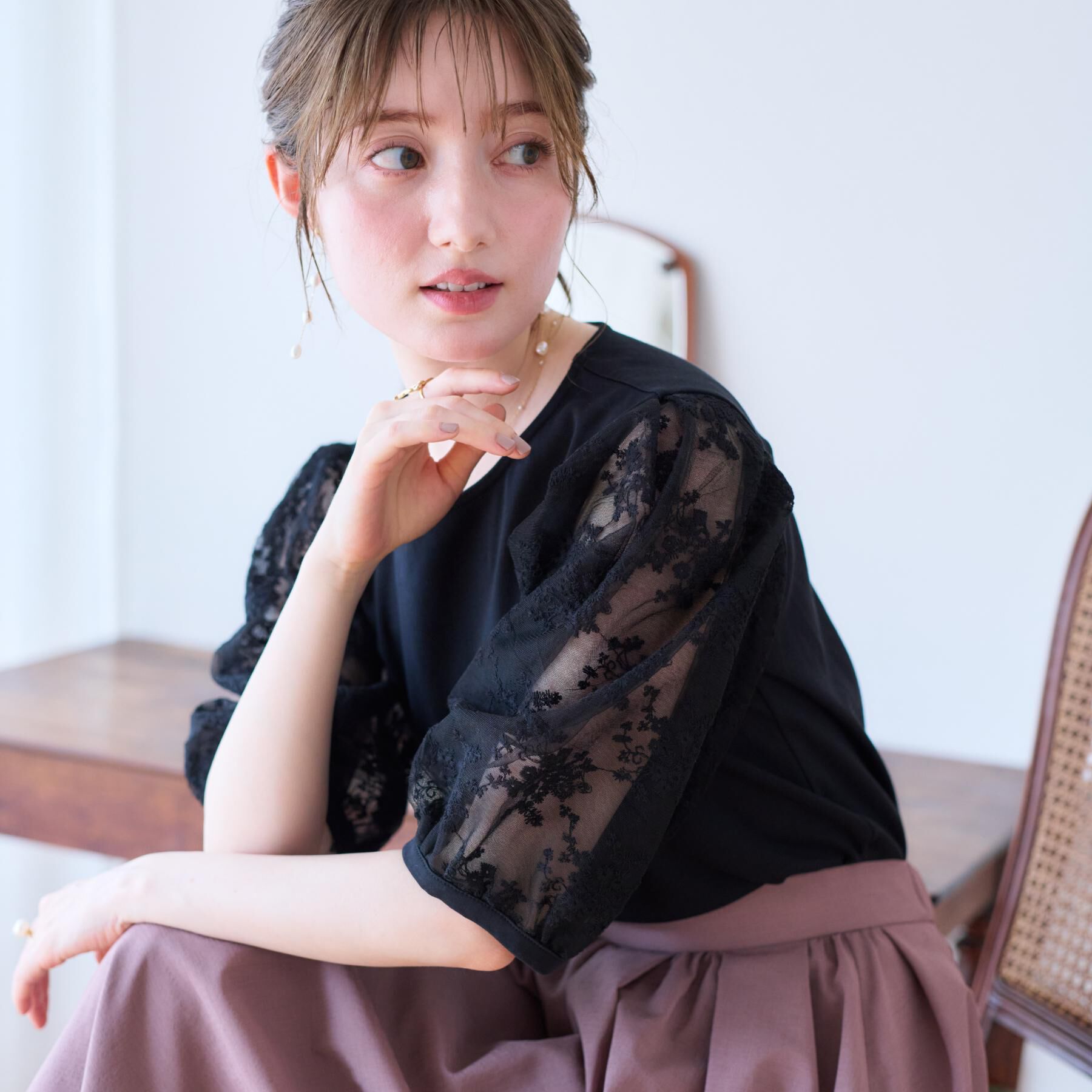 Couture broach「【接触冷感・UV・マシンウォッシャブル】袖レースデザイントップス」|Tシャツ・カットソー|