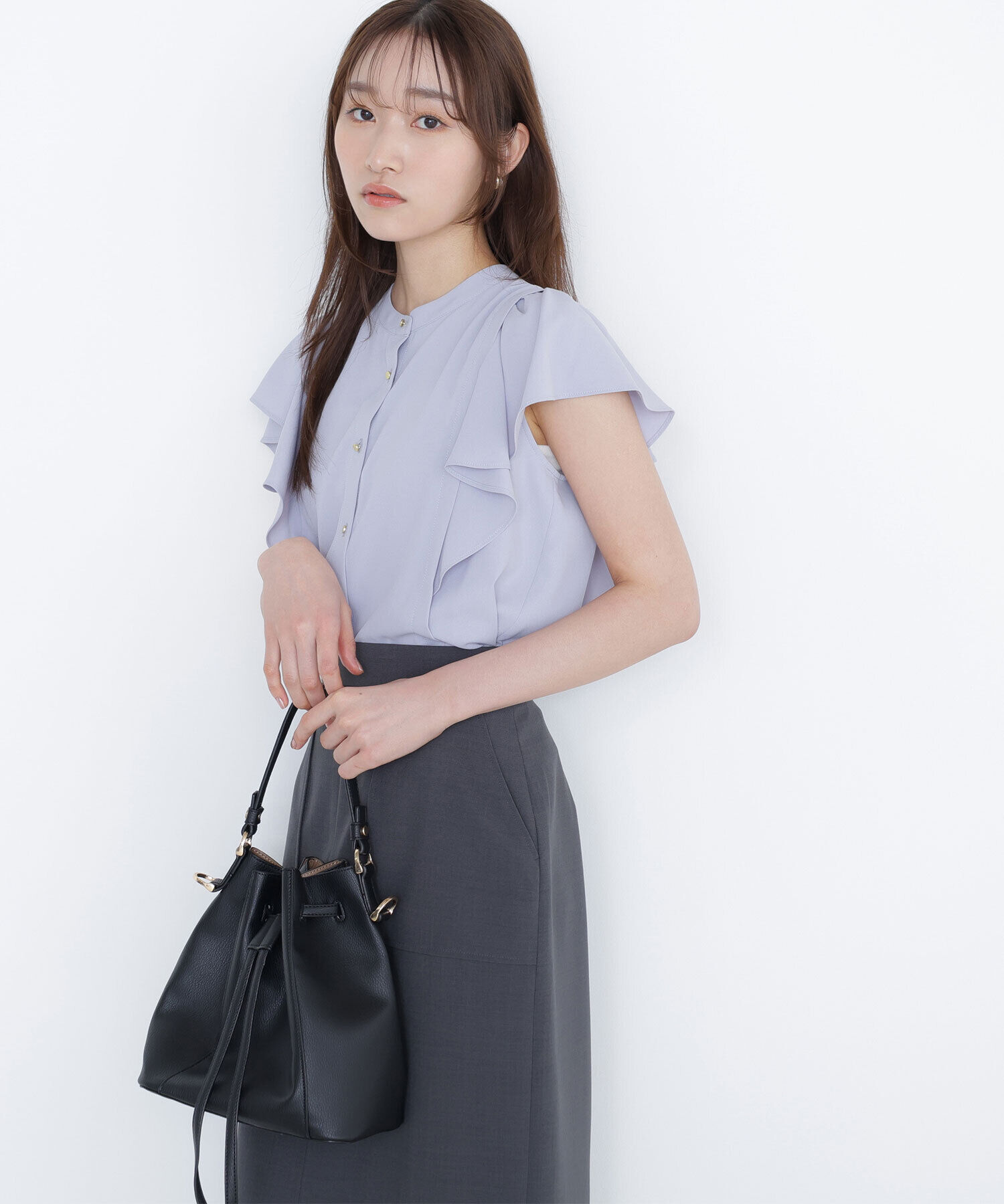  「メタルボタンフリルスリーブブラウス」|シャツ・ブラウス|ブルー