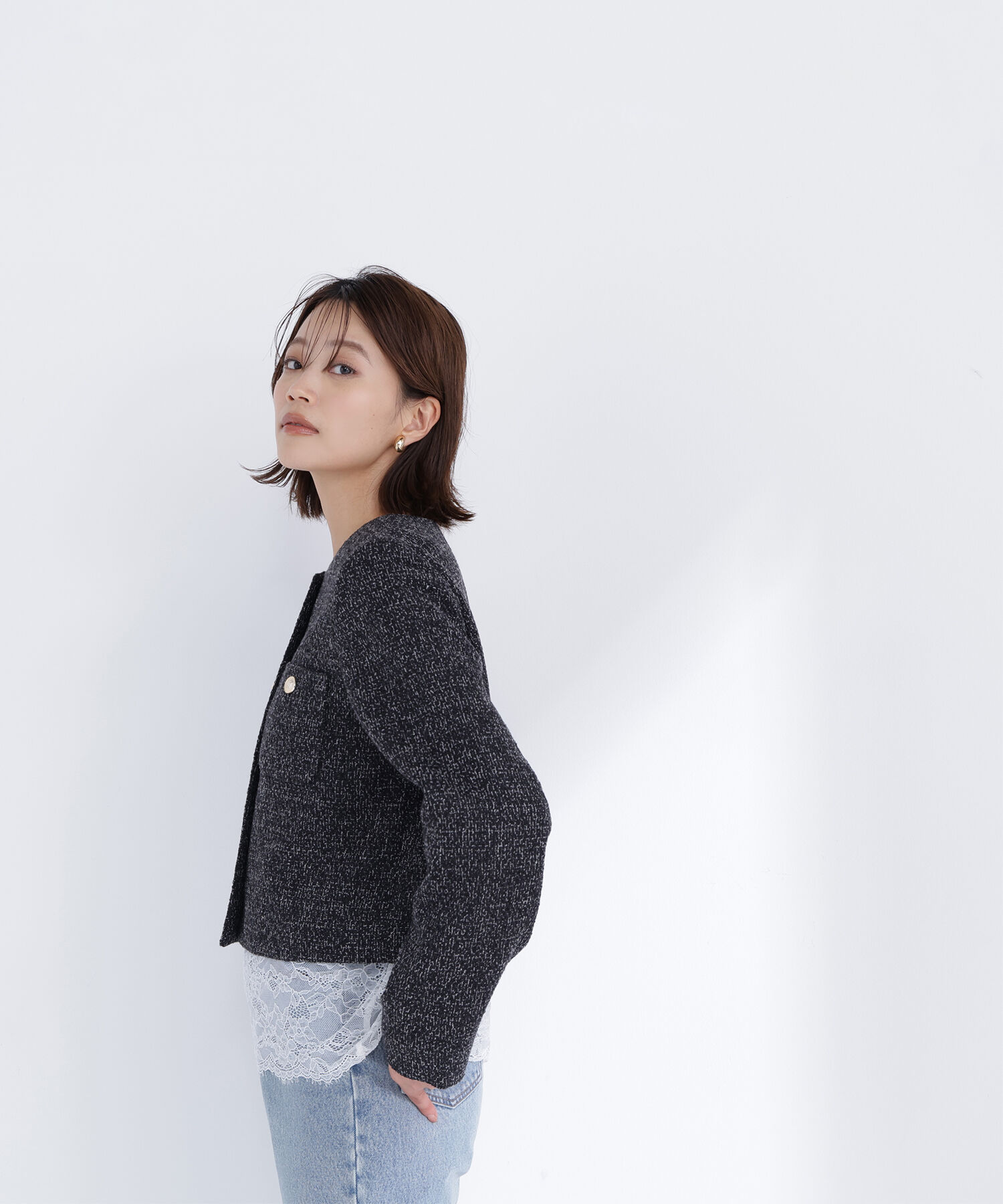  「ツイードノーカラージャケット」|ブルゾン・スタジャン|