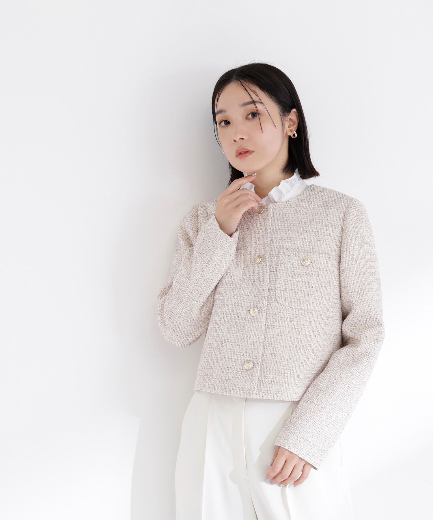  「ツイードノーカラージャケット」|ブルゾン・スタジャン|