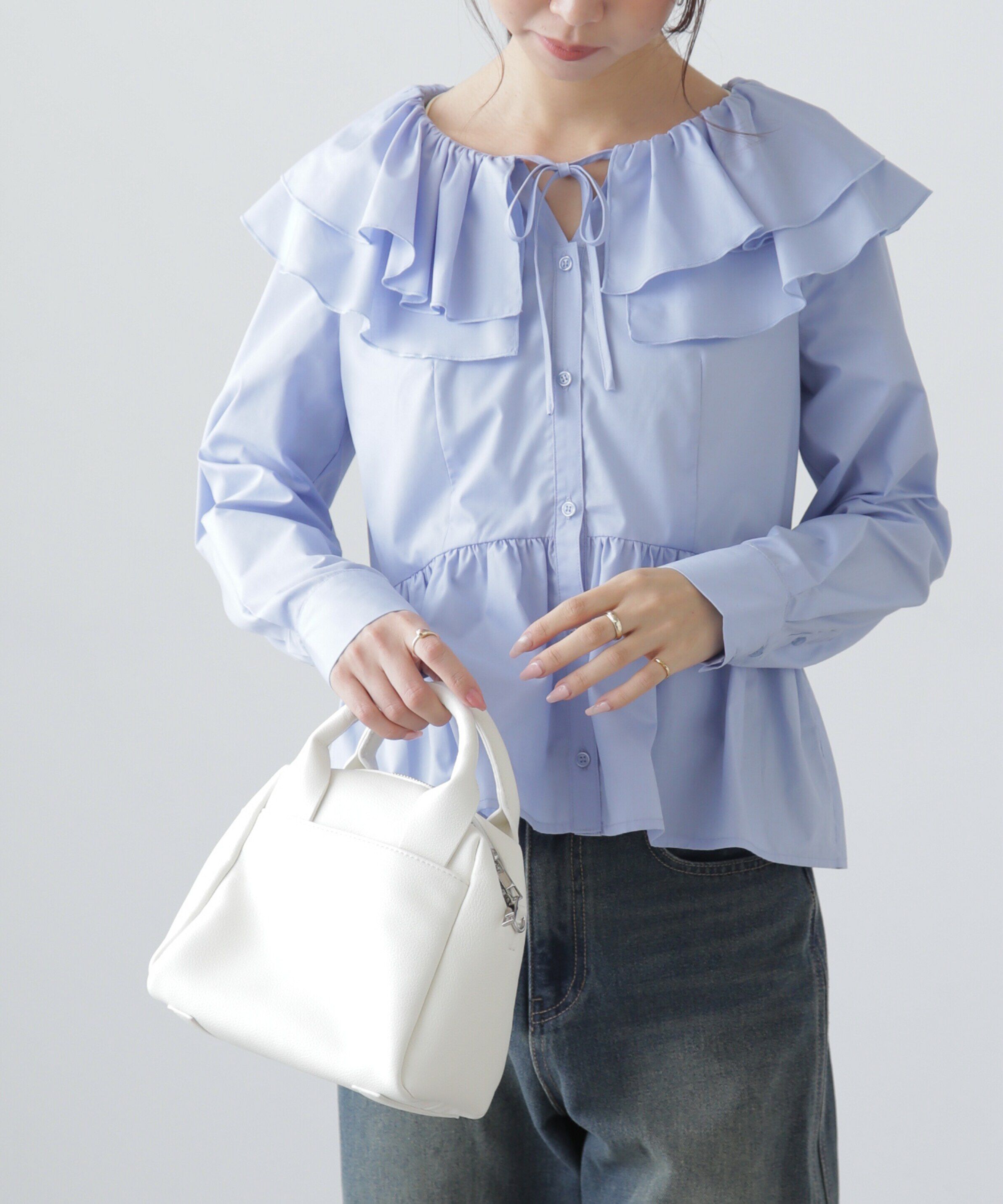  「フリル襟ペプラムシャツ」|シャツ・ブラウス|ブルー