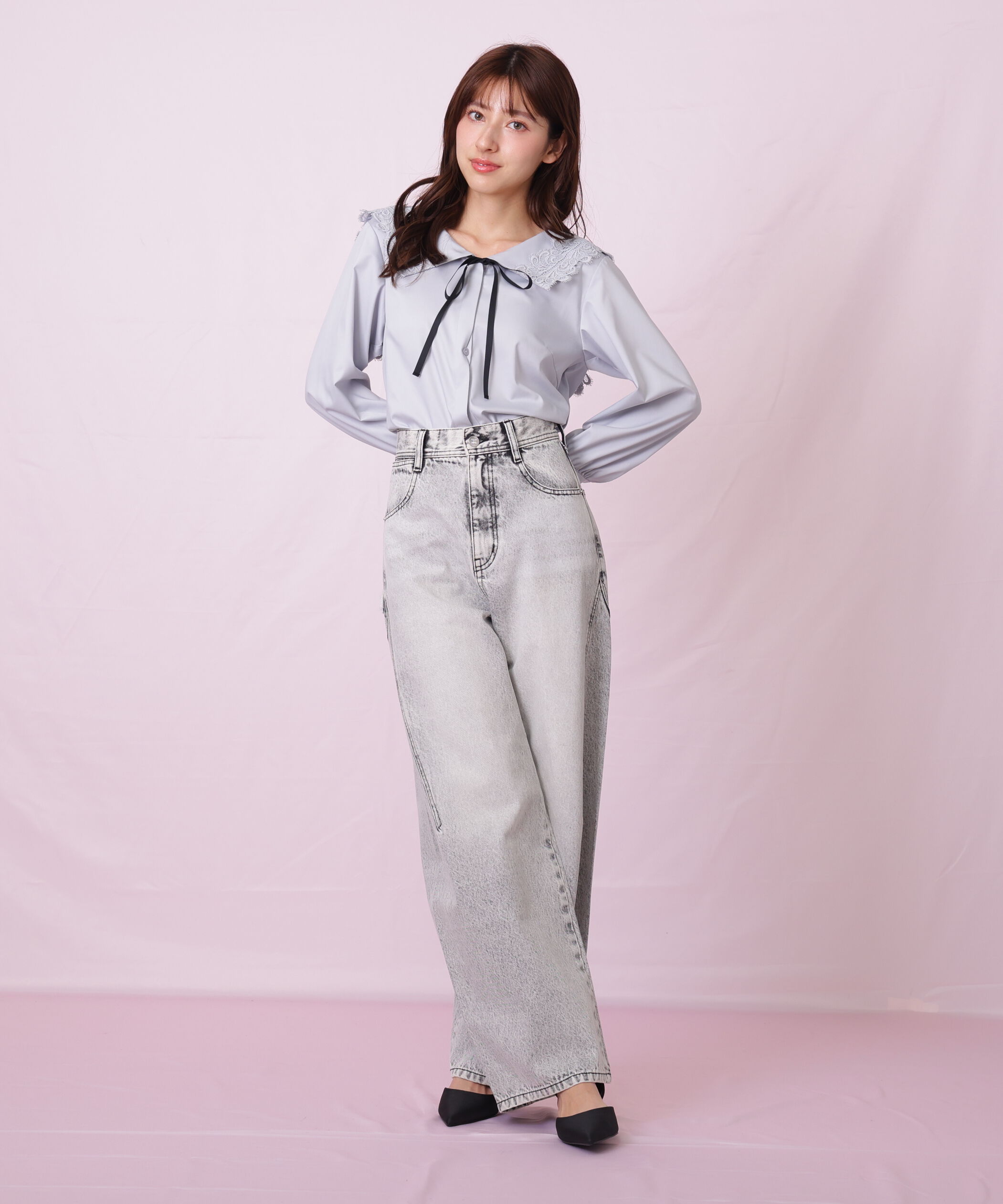  「リボン加工カーブパネルデニムパンツ」|その他|