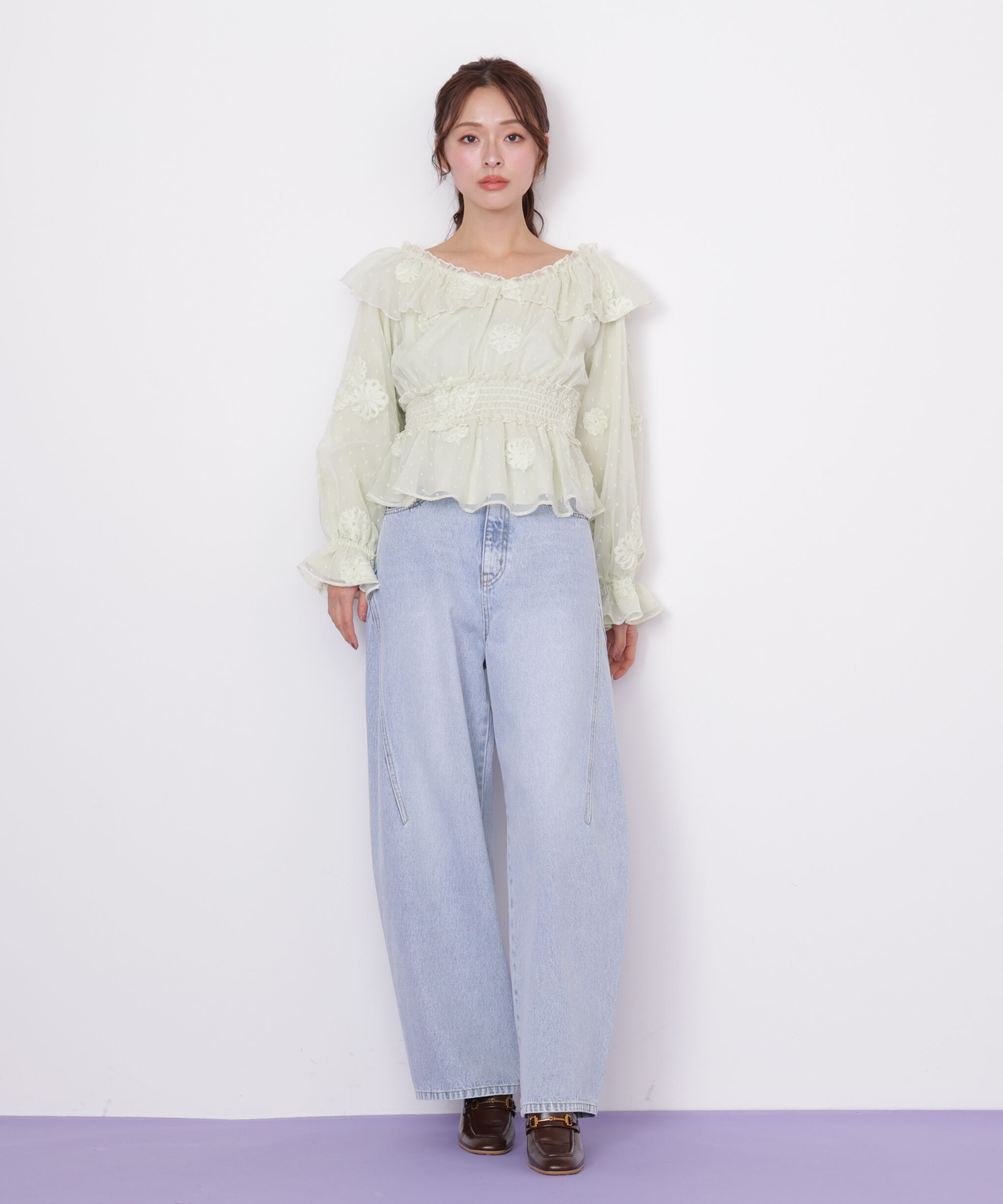  「リボン加工カーブパネルデニムパンツ」|その他|