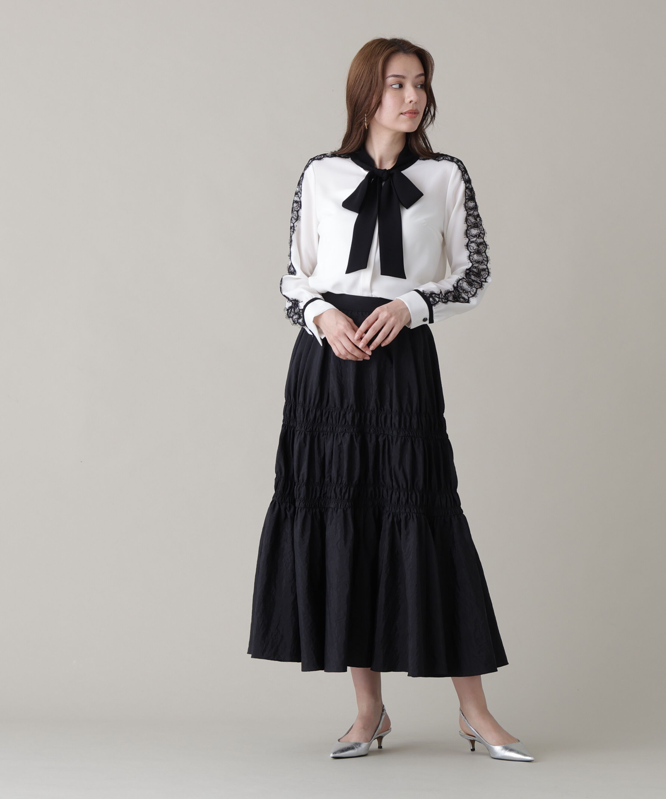  「レースコンビバイカラーリボンブラウス」|シャツ・ブラウス|