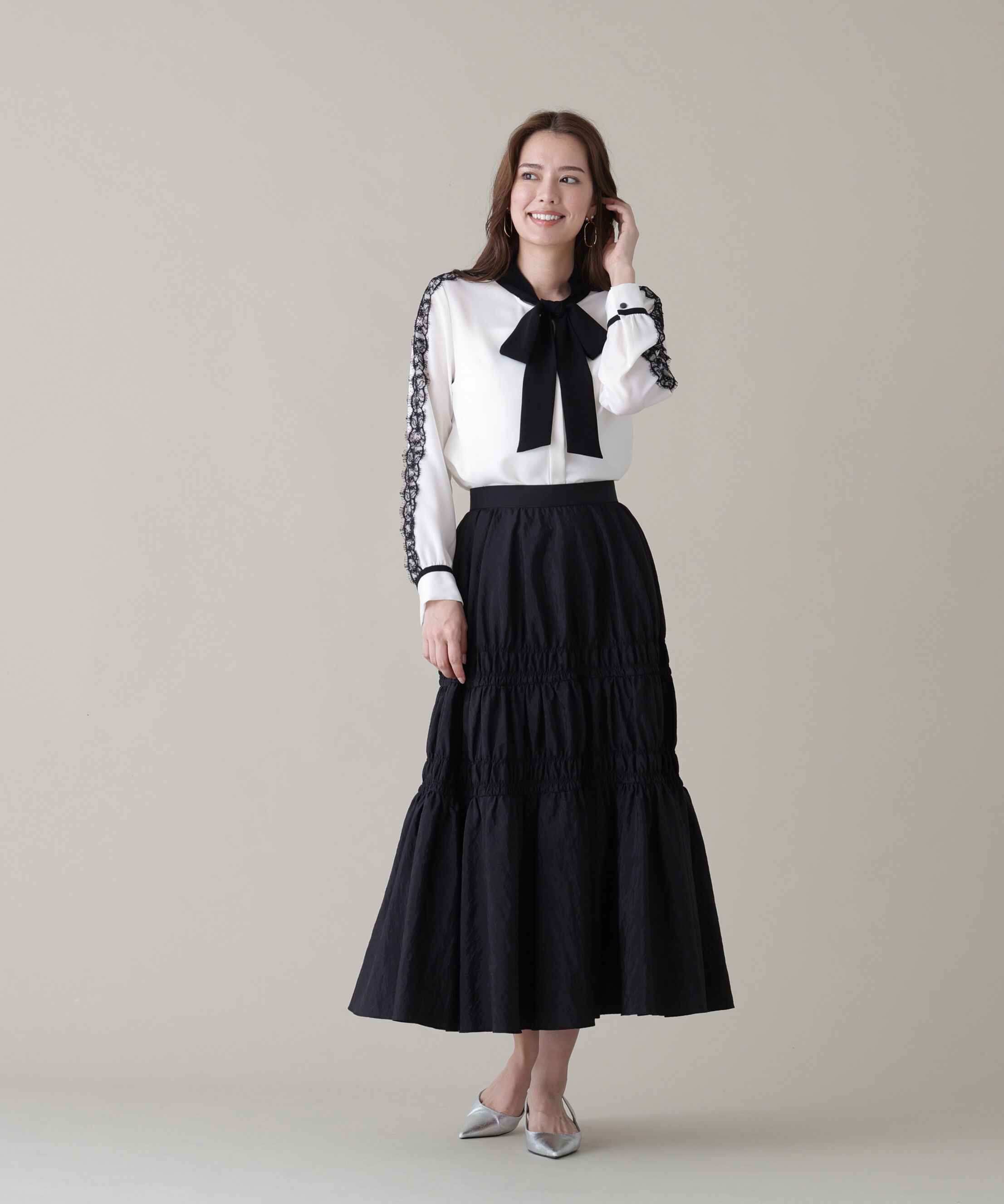  「レースコンビバイカラーリボンブラウス」|シャツ・ブラウス|