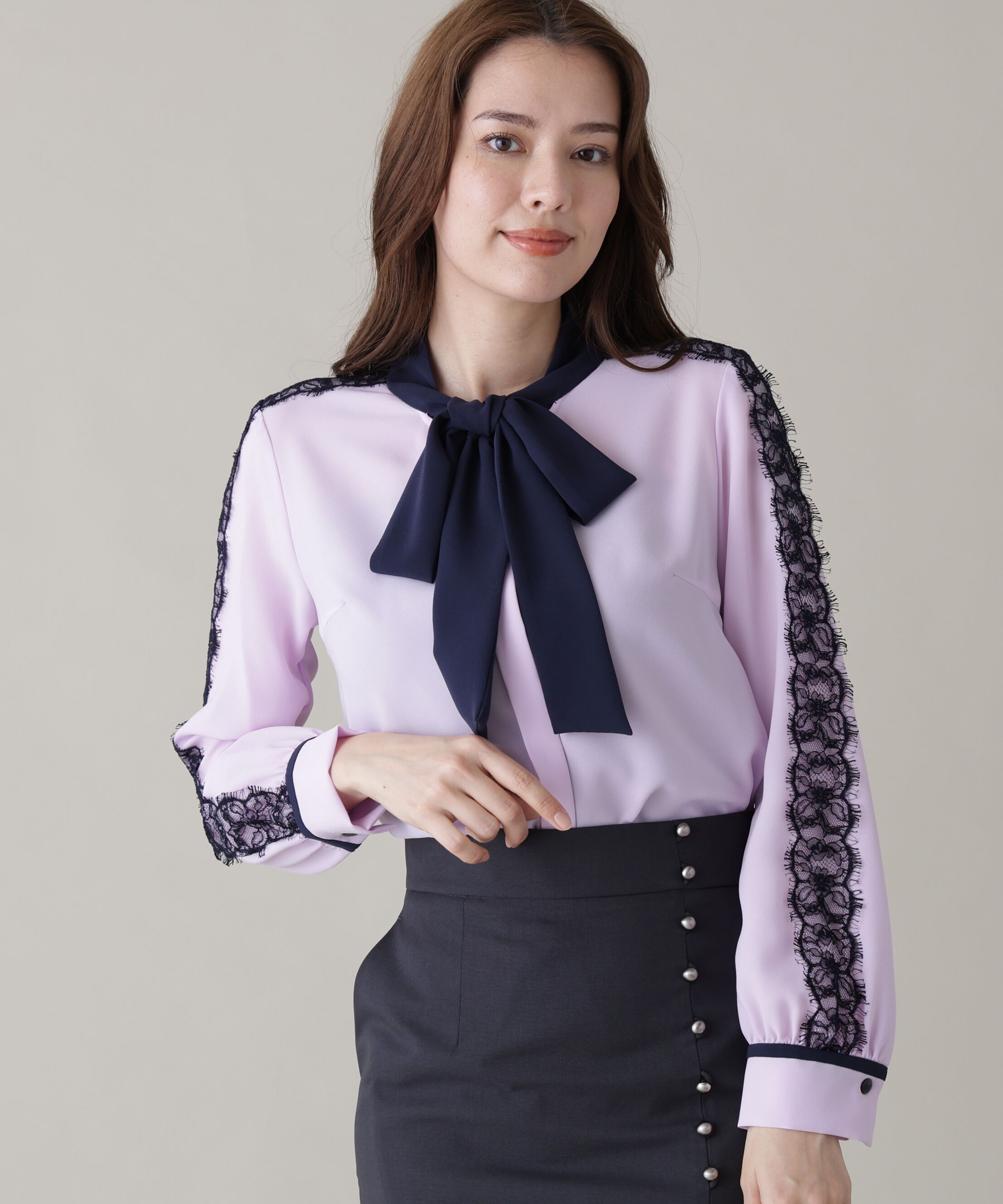  「レースコンビバイカラーリボンブラウス」|シャツ・ブラウス|