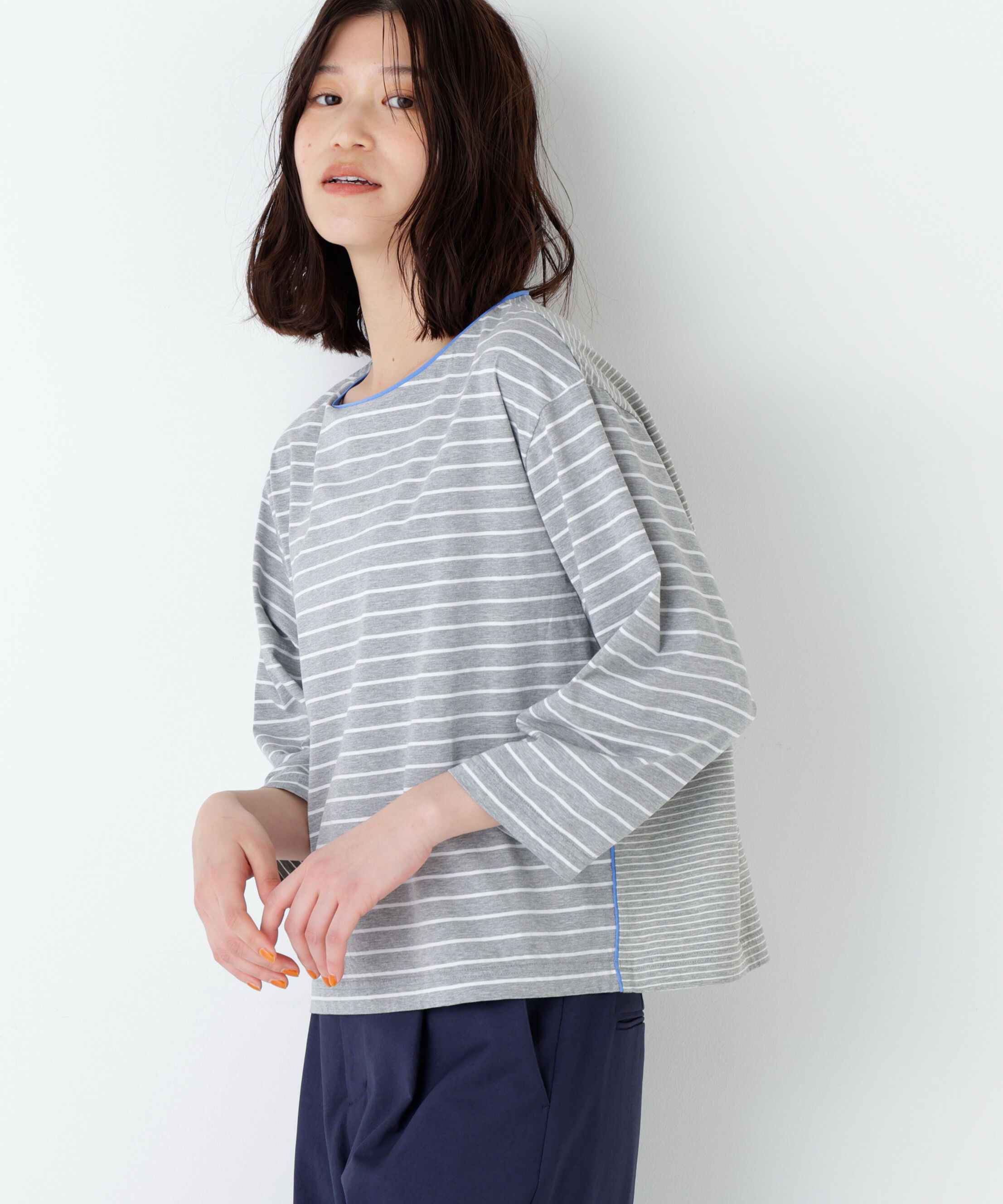  「◆ハイゲージボーダーカットソー」|Tシャツ・カットソー|グレーxホワイ3