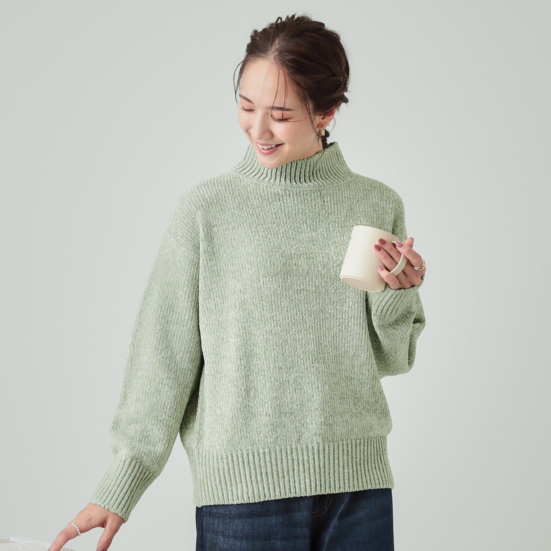 SHOO･LA･RUE「肌触り柔らか ベロアモール モックネックニット」|ニット・セーター|ミントグリーン(02