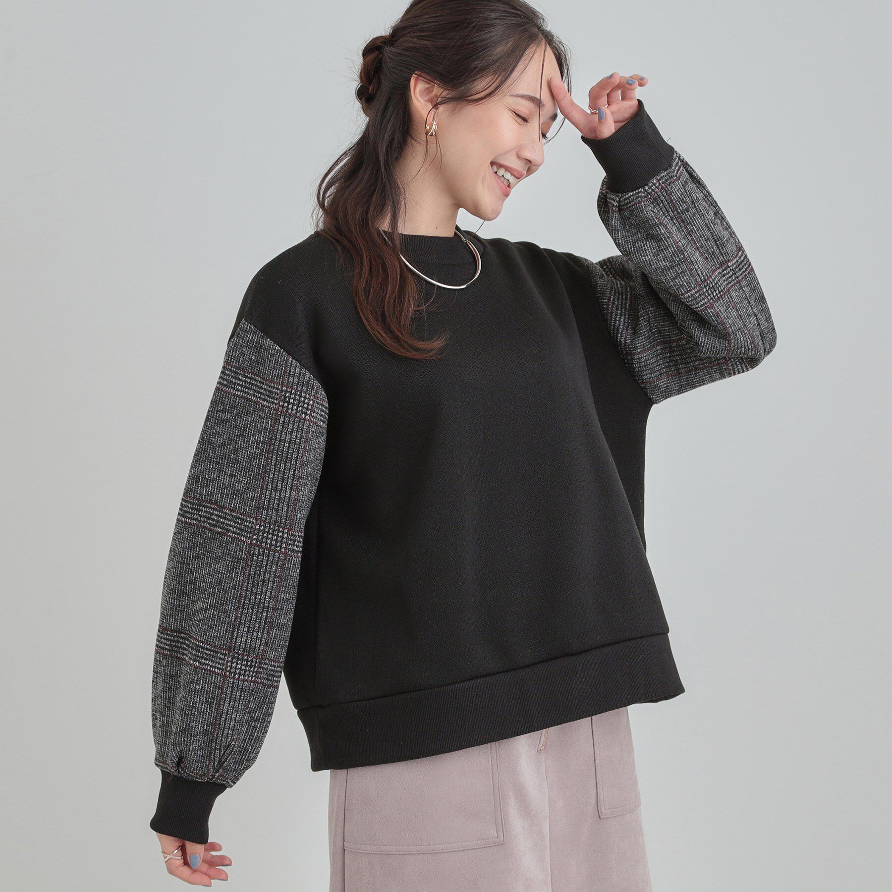 SHOO･LA･RUE「【S-L/あったか】お袖チェック裏起毛トップス」|パーカー|ブラック(019)