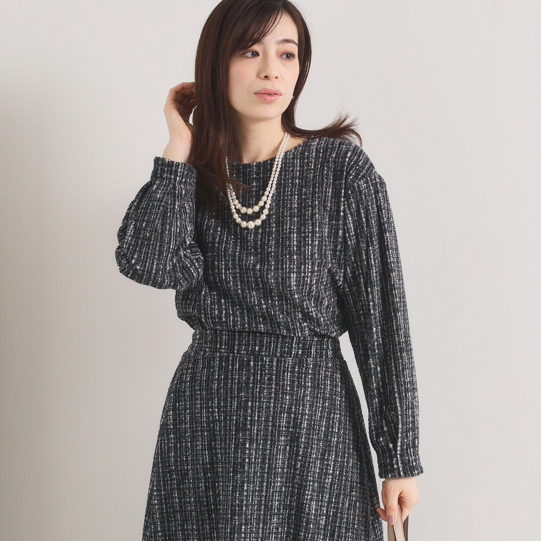 ITS&rsquo;DEMO「【手洗い可／セットアップ可】ツイード風プリントブラウス」|シャツ・ブラウス|チャコールグレー(1