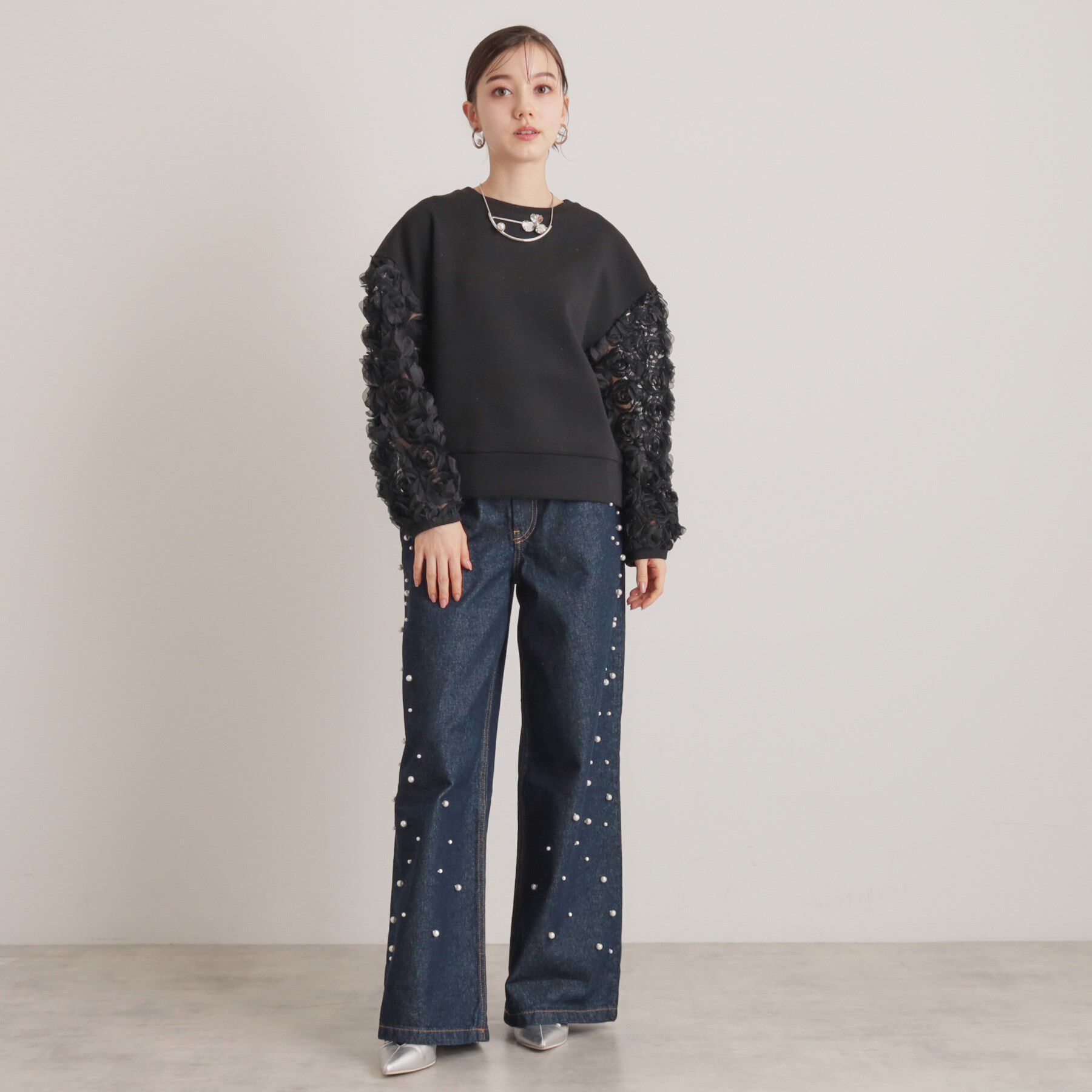 SunaUna「【一足お先に春気分／袖チュールフラワー】ダンボールプルオーバー」|Tシャツ・カットソー|