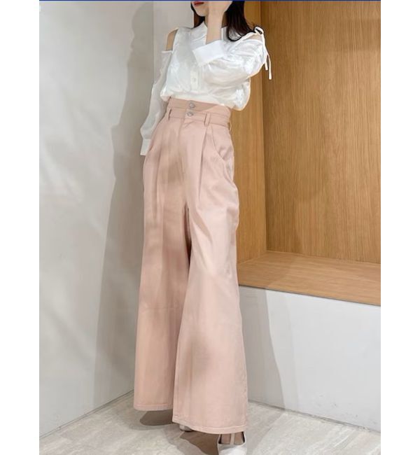 dazzlin「ダブルハイウエストワイドデニムパンツ」|デニム|ピンク