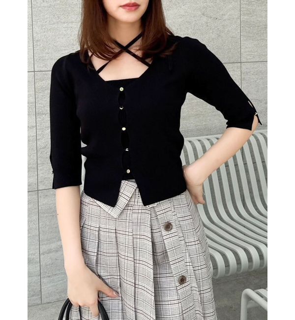 dazzlin「ハーフスリーブレイヤードカーデトップス」|ニット・セーター|ブラック