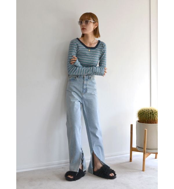 Ungrid「箔プリントスリットデニム」|デニム|