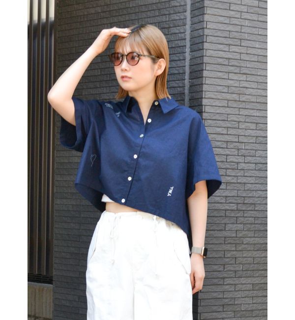 Ungrid「刺繍ハーフスリーブシャツ」|シャツ・ブラウス|ネイビー