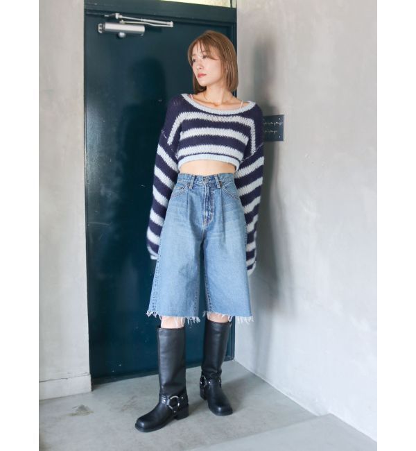 Ungrid「透かし編みボーダーショートニット」|ニット・セーター|