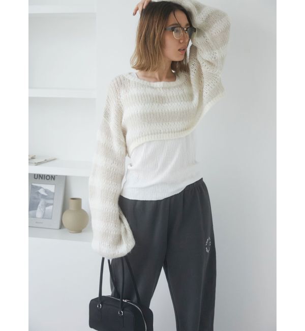 Ungrid「透かし編みボーダーショートニット」|ニット・セーター|