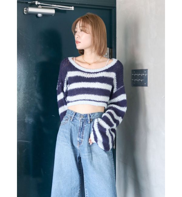 Ungrid「透かし編みボーダーショートニット」|ニット・セーター|