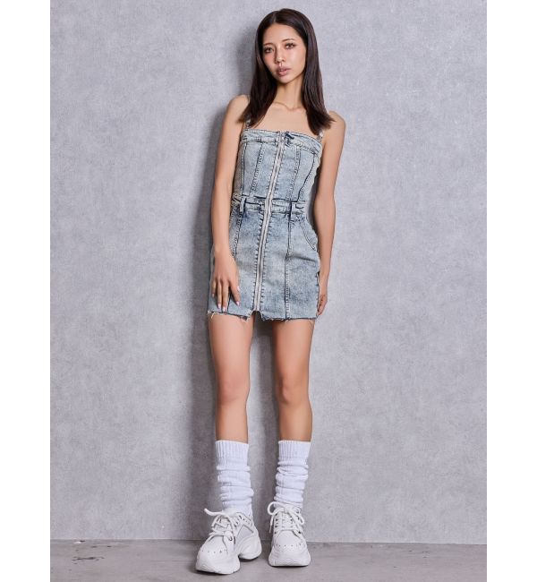 GYDA「Symmetry GYDAフロントZIPスカートライクデニムタイトミニワンピース」|ワンピース|