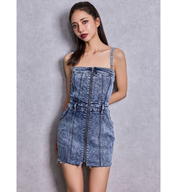 GYDA「Symmetry GYDAフロントZIPスカートライクデニムタイトミニワンピース」|ワンピース|