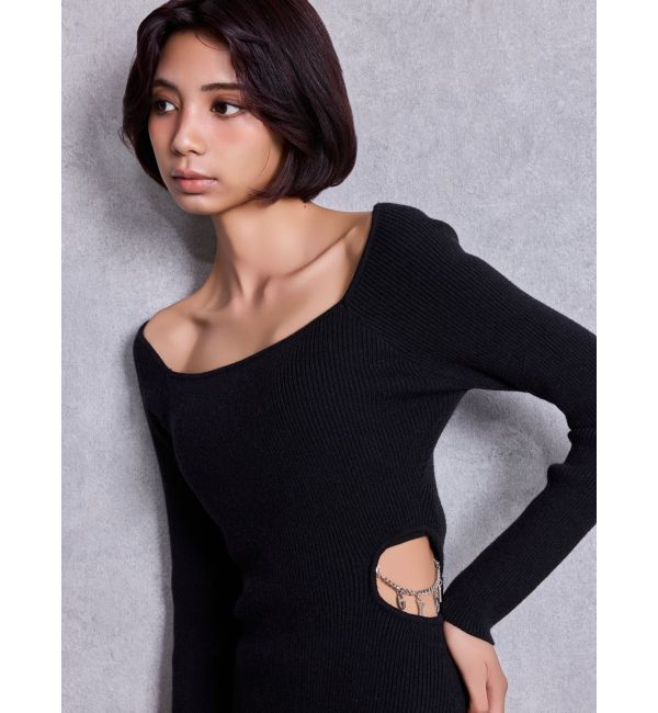 GYDA「GYDA chain SIDE OPENロングフレアニットワンピース」|ワンピース|