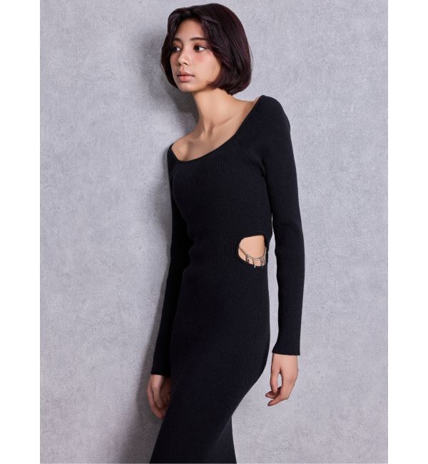 GYDA「GYDA chain SIDE OPENロングフレアニットワンピース」|ワンピース|