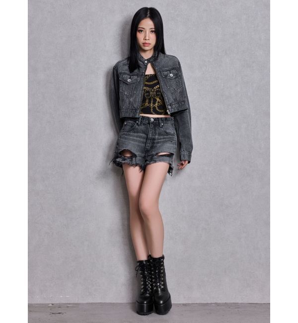 GYDA「ハイウエストBACK RIPPEDデニムショートパンツ」|デニム|