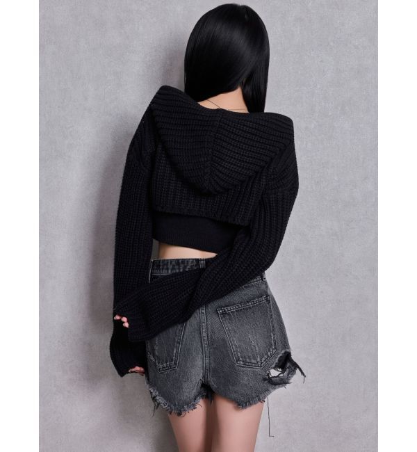 GYDA「ハイウエストBACK RIPPEDデニムショートパンツ」|デニム|