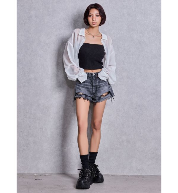 GYDA「ハイウエストBACK RIPPEDデニムショートパンツ」|デニム|