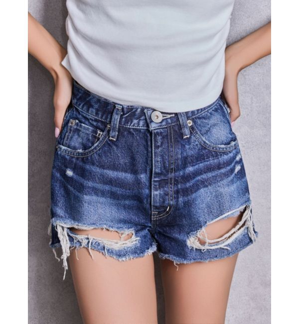 GYDA「ハイウエストBACK RIPPEDデニムショートパンツ」|デニム|インディゴ