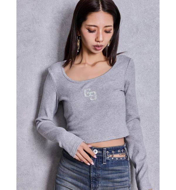 GYDA「GGロゴラインストーンラメテレコトップス」|Tシャツ・カットソー|グレー