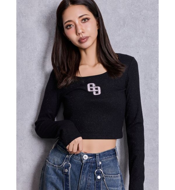 GYDA「GGロゴラインストーンラメテレコトップス」|Tシャツ・カットソー|ブラック