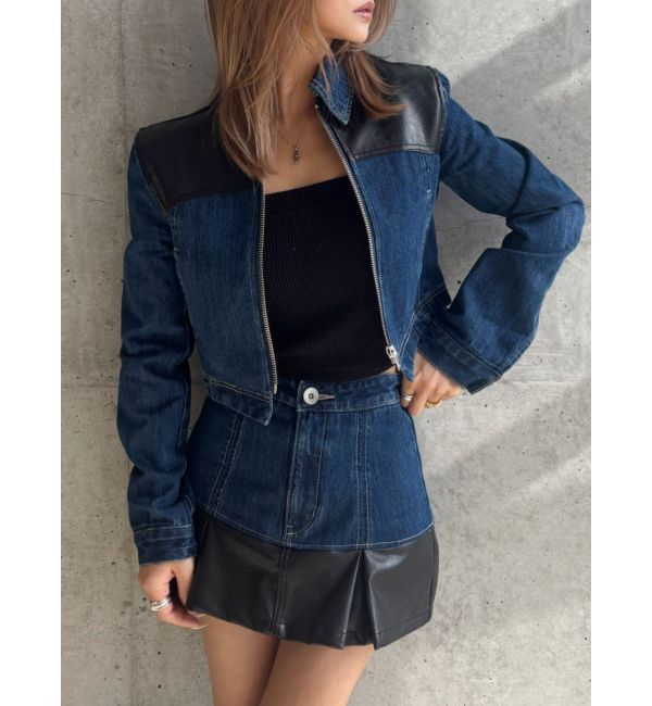 GYDA「【TINY】フェイクレザードッキングデニムZIPショートジャケット」|デニムジャケット|