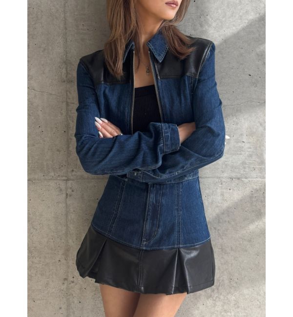 GYDA「【TINY】フェイクレザードッキングデニムZIPショートジャケット」|デニムジャケット|