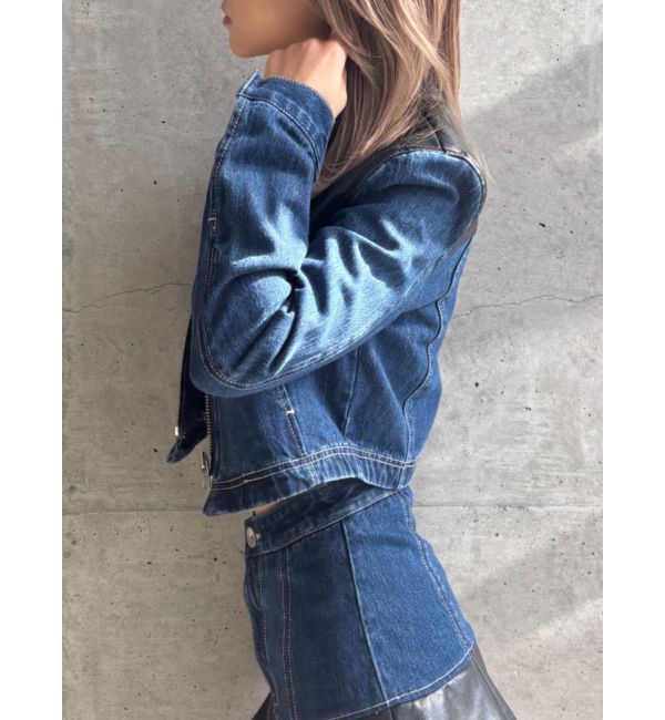 GYDA「【TINY】フェイクレザードッキングデニムZIPショートジャケット」|デニムジャケット|