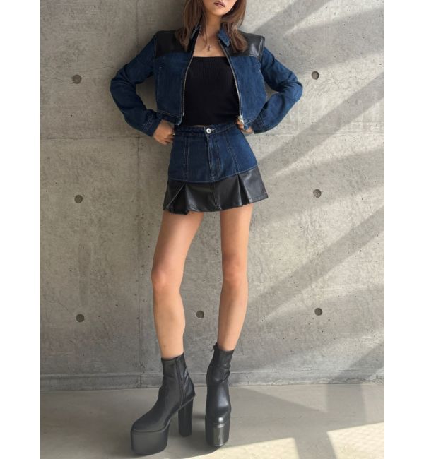 GYDA「【TINY】フェイクレザードッキングデニムZIPショートジャケット」|デニムジャケット|