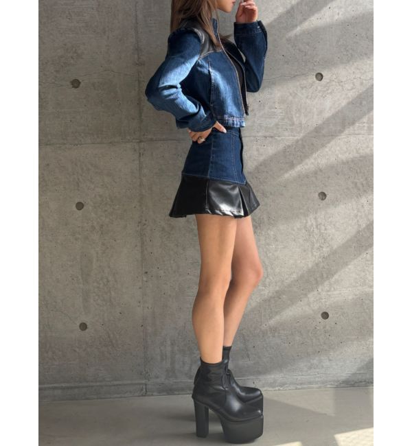 GYDA「【TINY】フェイクレザードッキングデニムZIPショートジャケット」|デニムジャケット|